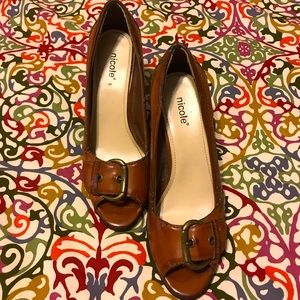 Brown Buckle Stacked High Heels